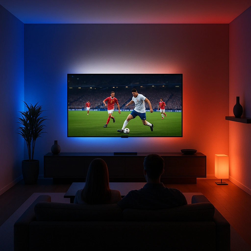 Premium IPTV Streaming in a Futuristic French Living Room