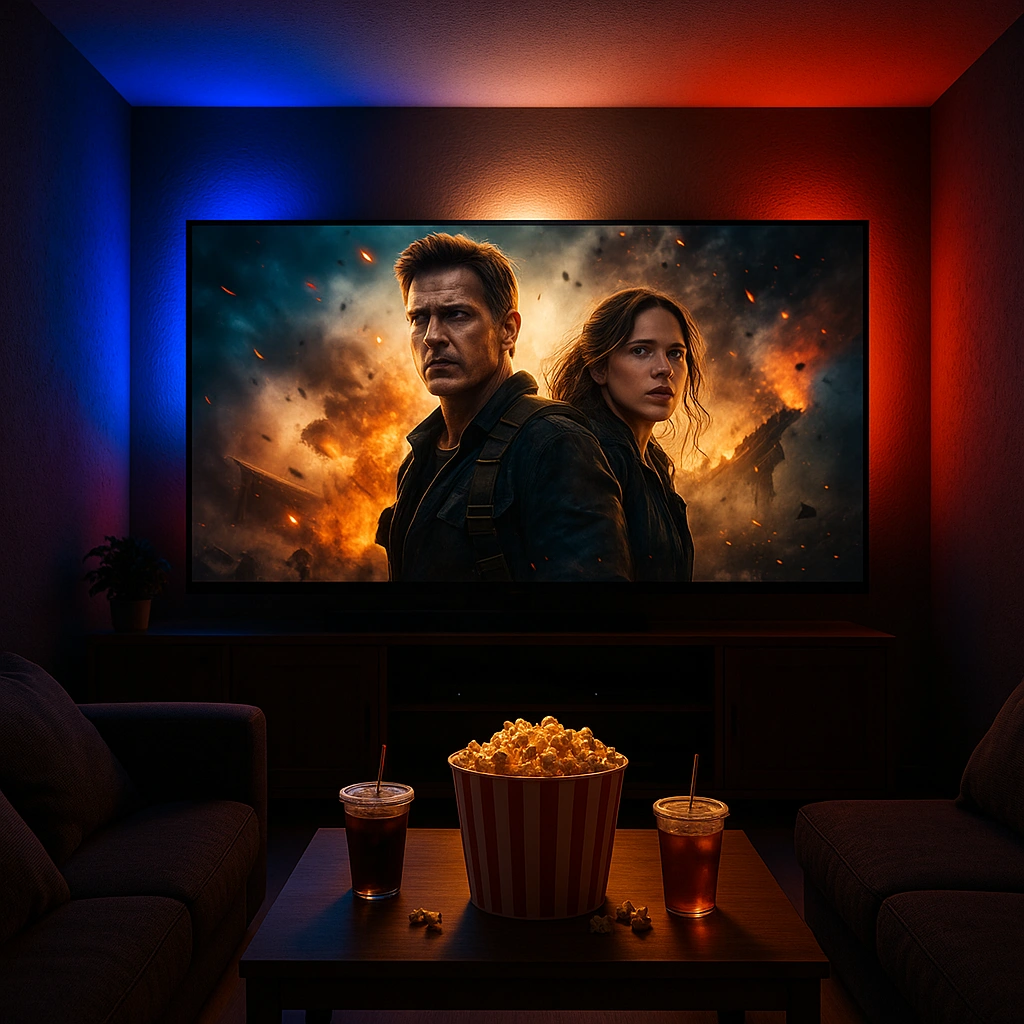 Dark home cinema room with a large screen playing a blockbuster movie, lit by ambient lighting in French flag colors and a table with popcorn and drinks.