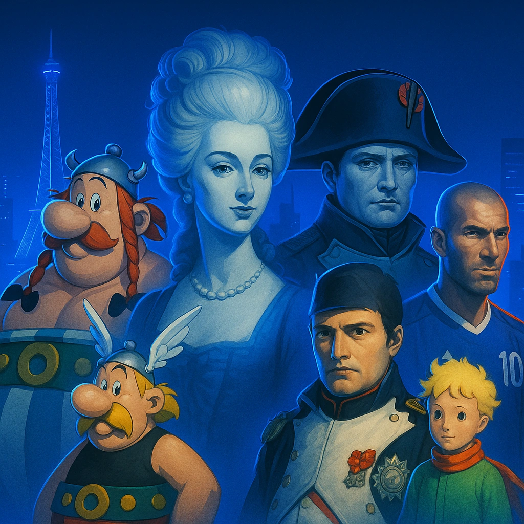 Digital collage of famous French icons—Astérix, Obélix, Napoleon, Marie Antoinette, Zidane, and the Little Prince—glowing in French flag colors with a Paris skyline background.